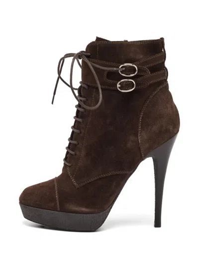 Pre-owned Saint Laurent Lace-up Platform Ankle Boots In Brown