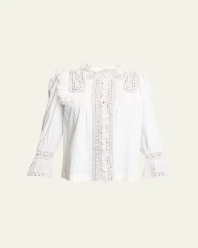 Saint Laurent Lace-yoke Ruffle Poplin Blouse In White
