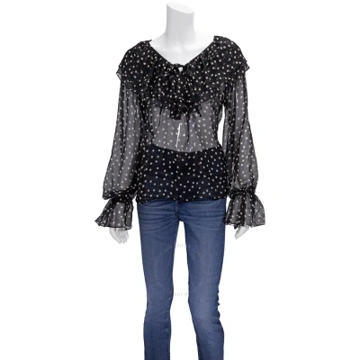 Saint Laurent Ladies Black Ruffle-detail Polka-dot Blouse