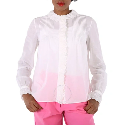 Saint Laurent Ladies White Broderie Anglaise Frilled Blouse In Cotton Voile