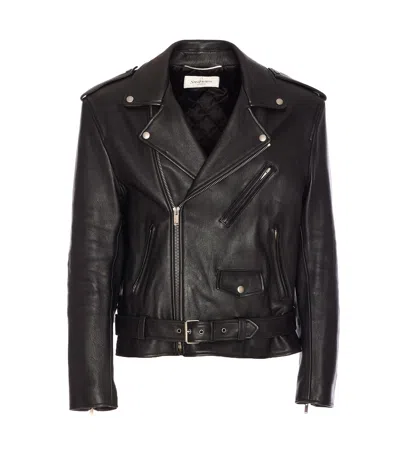 Saint Laurent Belted Leather Biker Jacket In Black