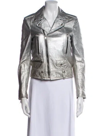 Pre-owned Saint Laurent Lamb Leather Biker Jacket In Silver