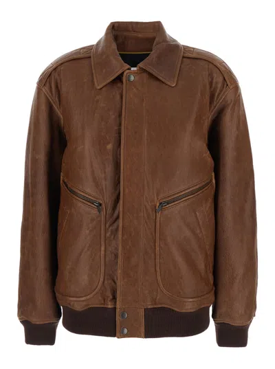 Saint Laurent Lamb Leather Bomber Jacket In Brown