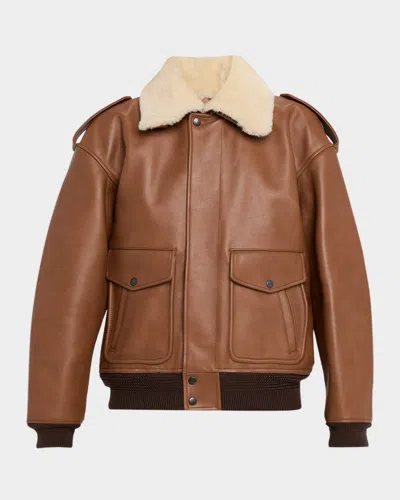 Saint Laurent Lamb Shearling Collar Leather Aviator Jacket In Brown