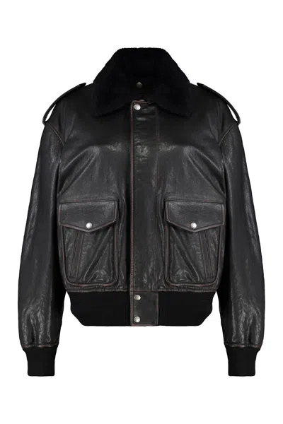 Saint Laurent Black Jacket With Removable Fur Collar In Leather Woman In Animal Print