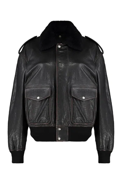 Saint Laurent Black Jacket With Removable Fur Collar In Leather Woman In Animal Print