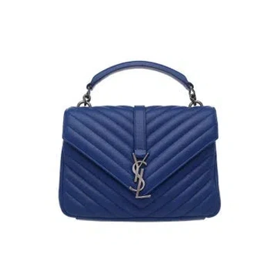 Pre-owned Saint Laurent Lambskin College Monogram Satchel Bag Medium W/ Tags In Blue