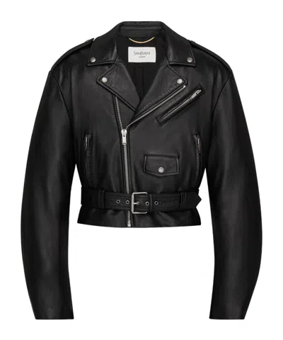 Saint Laurent Lambskin Leather Zipper Motorcycle Jacket In Black