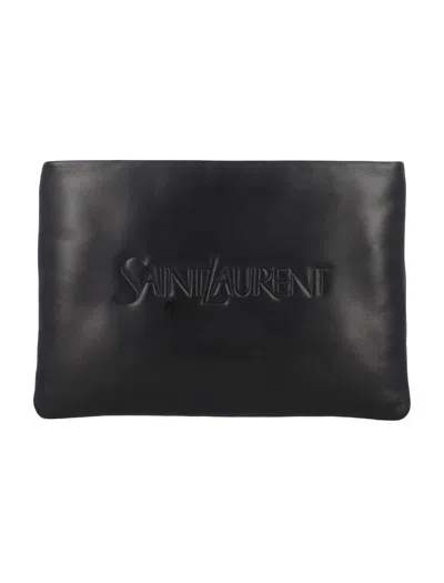 Saint Laurent Lambskin Puffy Pouch Handbag For Men In Black
