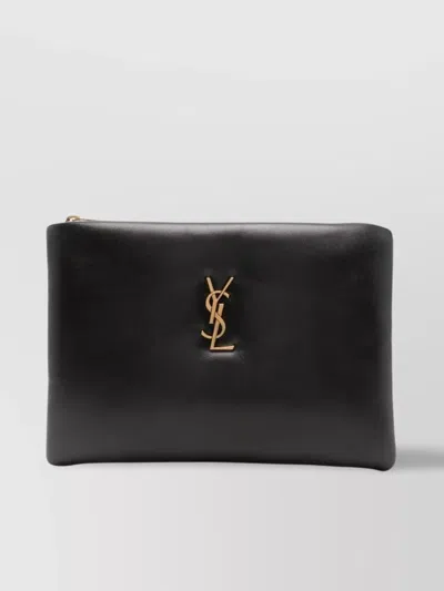 Saint Laurent Lambskin Rectangular Smooth Finish Small Pouch In Black