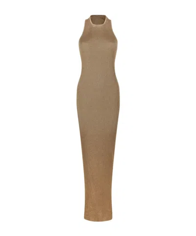 Saint Laurent Ribbed Knit Racer Back Dress In Neutral