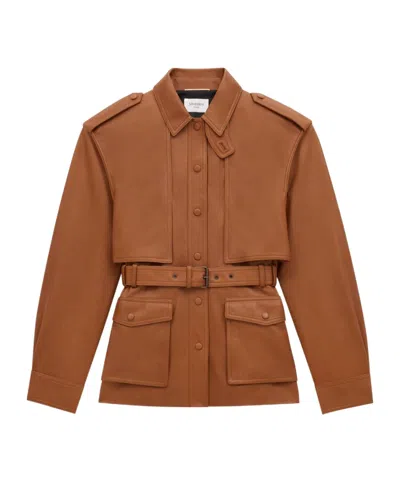 Saint Laurent Lapel Long-sleeved Leather Jacket In Brown