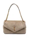 Saint Laurent Large Calypso Logo-plaque Suede Shoulder Bag In Neutral