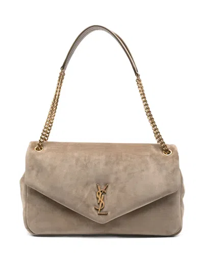 Saint Laurent Large Calypso Logo-plaque Suede Shoulder Bag In Neutral