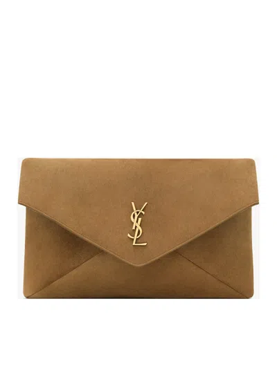 Saint Laurent Large Cassandre Envelope Clutch In Suede In Silver