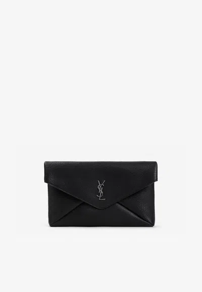 Saint Laurent Large Cassandre Logo Leather Pouch In Black