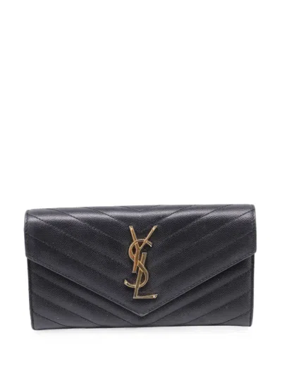 Pre-owned Saint Laurent Large Cassandre Quilted Flap Wallet In Black