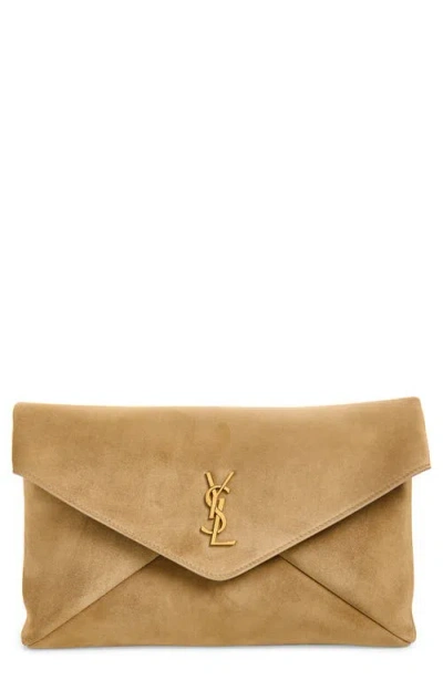 Saint Laurent Large Cassandre Suede Envelope Clutch In Brown