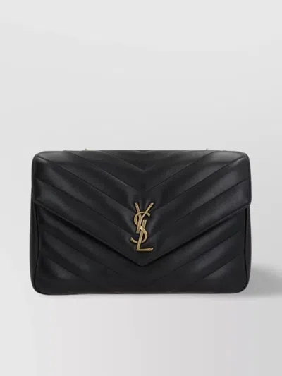 Saint Laurent Large Chevron Quilted Bag With Chain Strap In Black