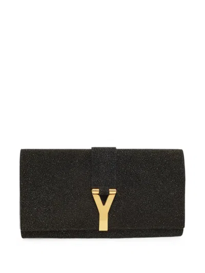 Pre-owned Saint Laurent Large Chyc Y-motif Clutch Bag In Black