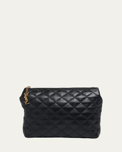 Saint Laurent Large Cosmetic Pouch In Lambskin Leather In Nero
