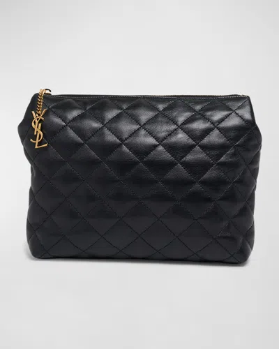 Saint Laurent Large Cosmetic Pouch In Lambskin Leather In Nero