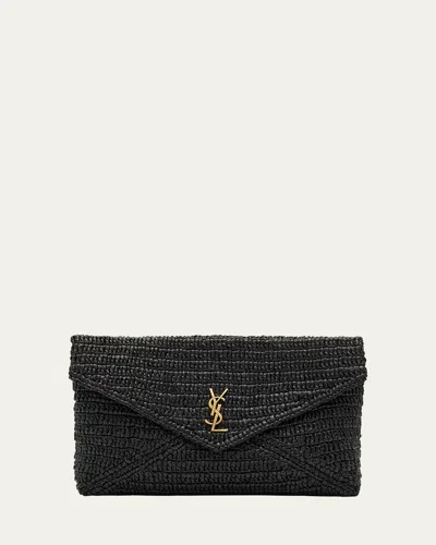 Saint Laurent Large Envelope Flap Ysl Clutch Bag In Raffia In Black