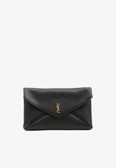 Saint Laurent Large Envelope Grained Leather Clutch In Black