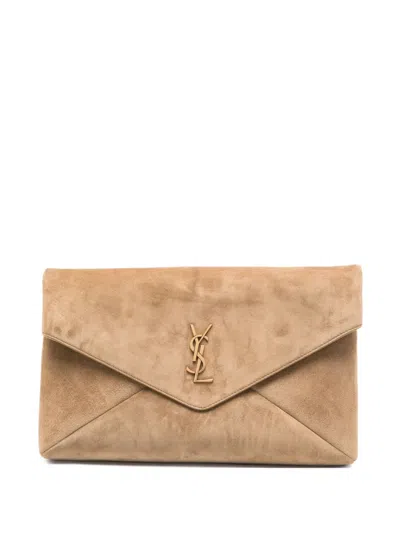 Saint Laurent Large Envelope Logo Clutch Bag In Neutral