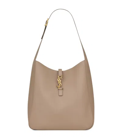 Saint Laurent Le 5a7 Large Ysl Shoulder Hobo Bag In Smooth Leather In Grey
