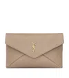 Saint Laurent Large Leather Cassandre Envelope Pouch In Gray