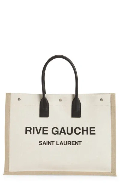 Saint Laurent Large Rive Gauche Cotton & Linen Tote In Greggio/naturale/ner
