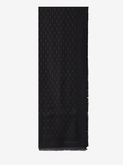 Saint Laurent Large Scarf With Ysl Monogram In Black