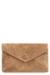 Saint Laurent Large Suede Cassandre Envelope Pouch In Sand