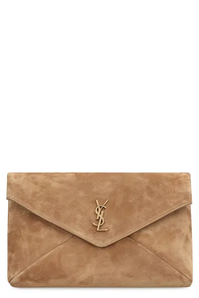 Saint Laurent Large Suede Cassandre Envelope Pouch In Sand