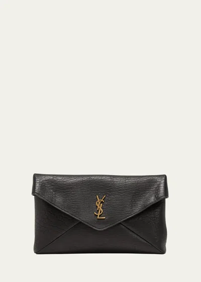 Saint Laurent Large Ysl Envelope Pouch Clutch Bag In Leather In Black