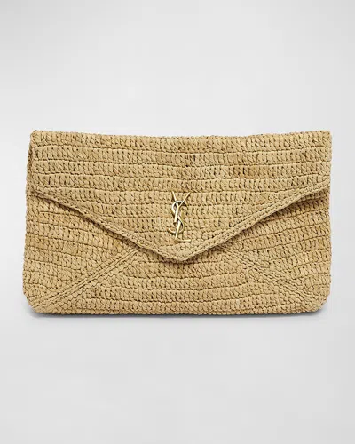 SAINT LAURENT LARGE YSL ENVELOPE POUCH CLUTCH BAG IN RAFFIA & LEATHER
