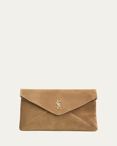 Saint Laurent Large Ysl Envelope Pouch Clutch Bag In Suede In Light Cumin