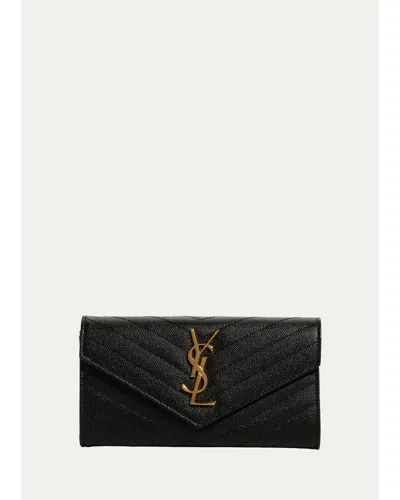 Saint Laurent Large Ysl Pebbled Leather Flap Wallet In Noir
