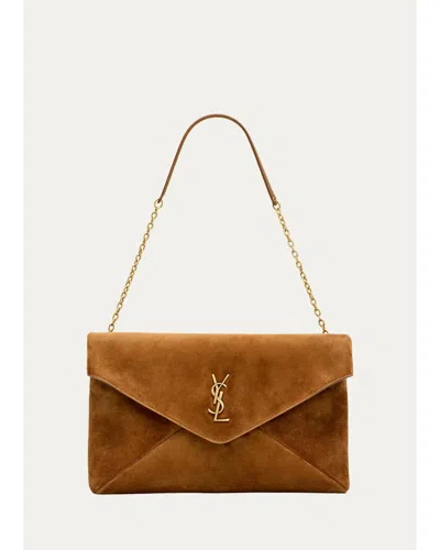Saint Laurent Large Ysl Suede Pouch Bag In Caramel