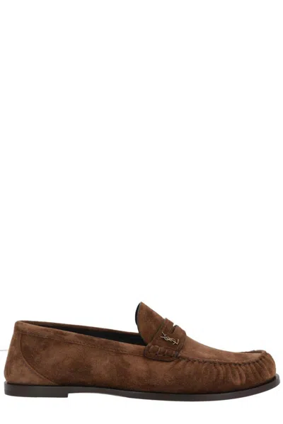 Saint Laurent Suede Penny Strap Loafers Round Toe In Brown