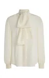 Saint Laurent Lavaliere Bow Silk Top In Neutral