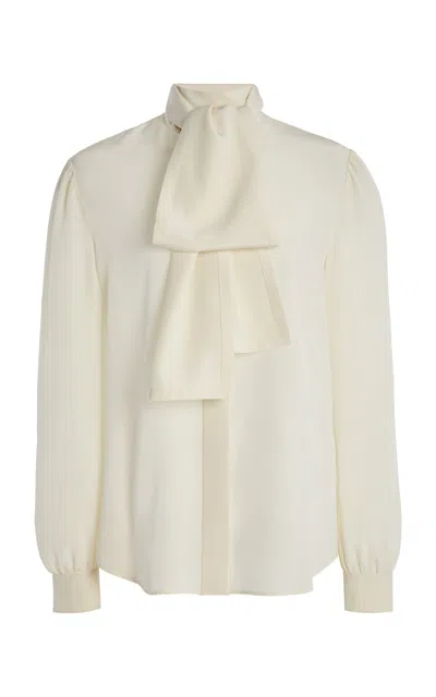 Saint Laurent Lavaliere Bow Silk Top In Neutral