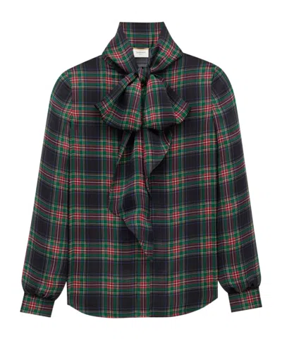 Saint Laurent Lavallière Blouse In Tartan Silk Charmeuse In Multi
