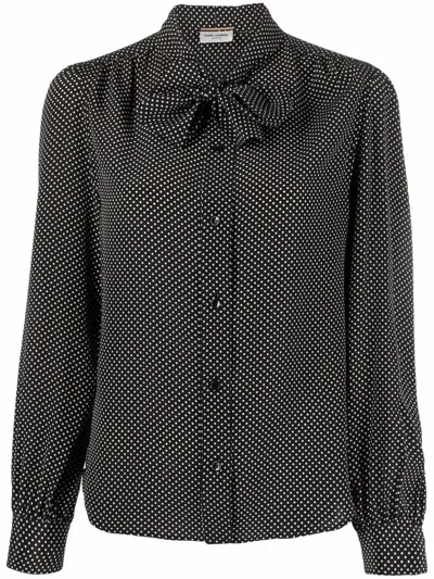 SAINT LAURENT LAVALLIÈRE-NECK BLOUSE IN DOTTED SILK SATIN
