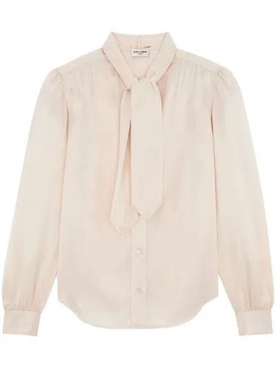 Saint Laurent Lavallière-neck Blouse In Silk Satin In White