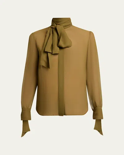 Saint Laurent Lavalliere Silk Long-sleeve Blouse In Green