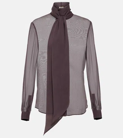 Saint Laurent Lavallière Silk Muslin Crêpe Blouse In Purple
