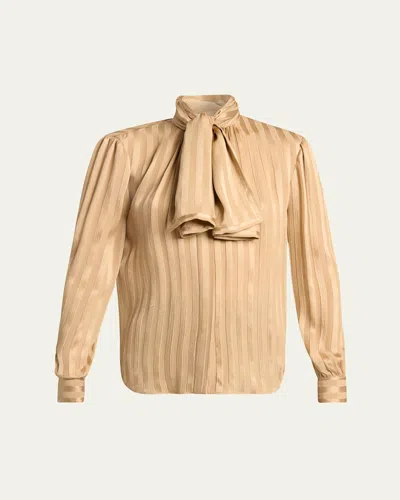 Saint Laurent Lavalliere Striped Silk Long-sleeve Blouse In Brown