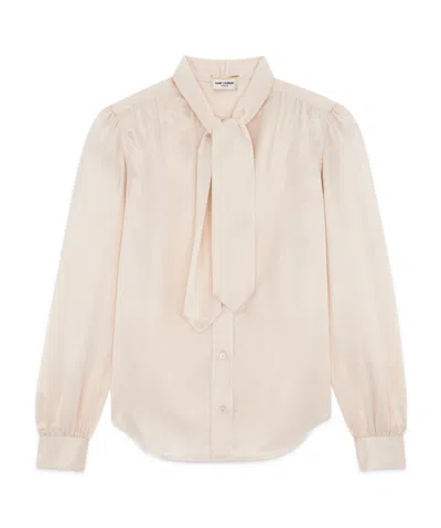 Saint Laurent Lavallière-neck Blouse In Silk Satin In White